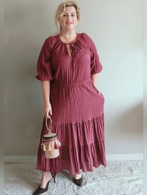 City Chic Plum Tiered Cottagecore Midi Dress Balloon Sleeve Plus Size US 14